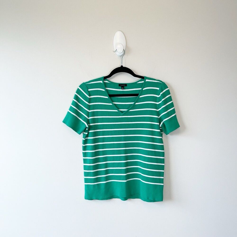 Talbots Short Sleeve Knit Top Stretch Green White Stripe V-Neck Preppy Sz Medium